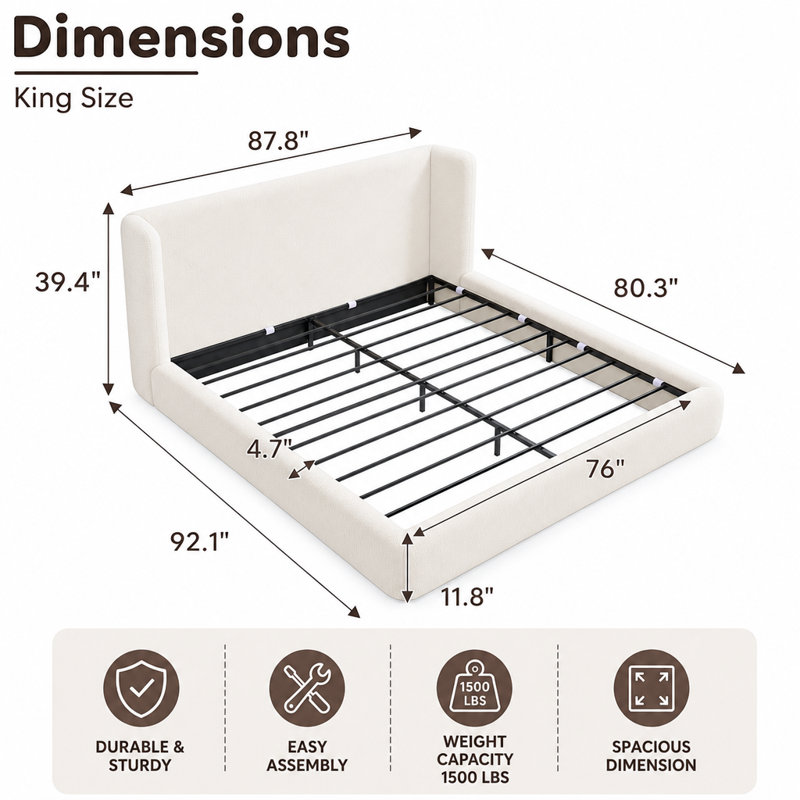 Cadre de lit rembourré avec tête de lit, sommier non nécessaire, matelas non inclus, lit plateforme moderne de style nuage