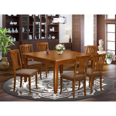 7 Piece Kitchen Table & Chairs Set Consist of a Square Dining Room Table with Butterfly Leaf and 6 Linen Fabric Dining Chairs, Saddle Brown