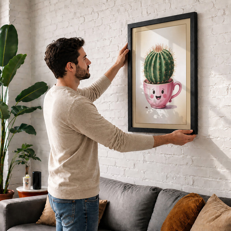 Smiling Cactus Companion Botanical - Framed Print, A2 - 59.4 x 42.0 cm, Oak