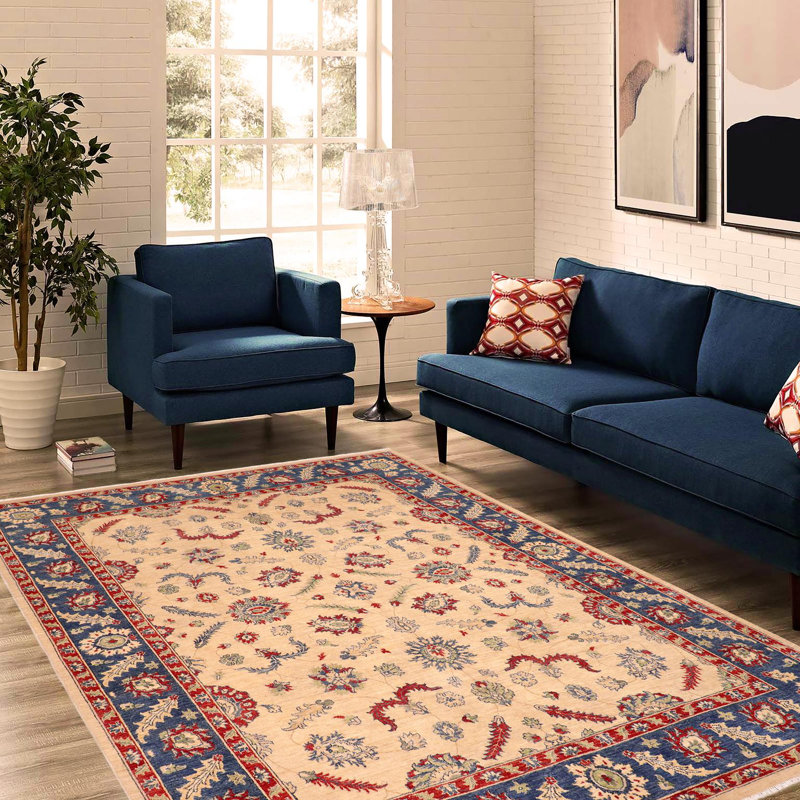 Tapis oriental ivoire / bleu en laine 8 pi 0 po x 9 pi 10 po Dorn