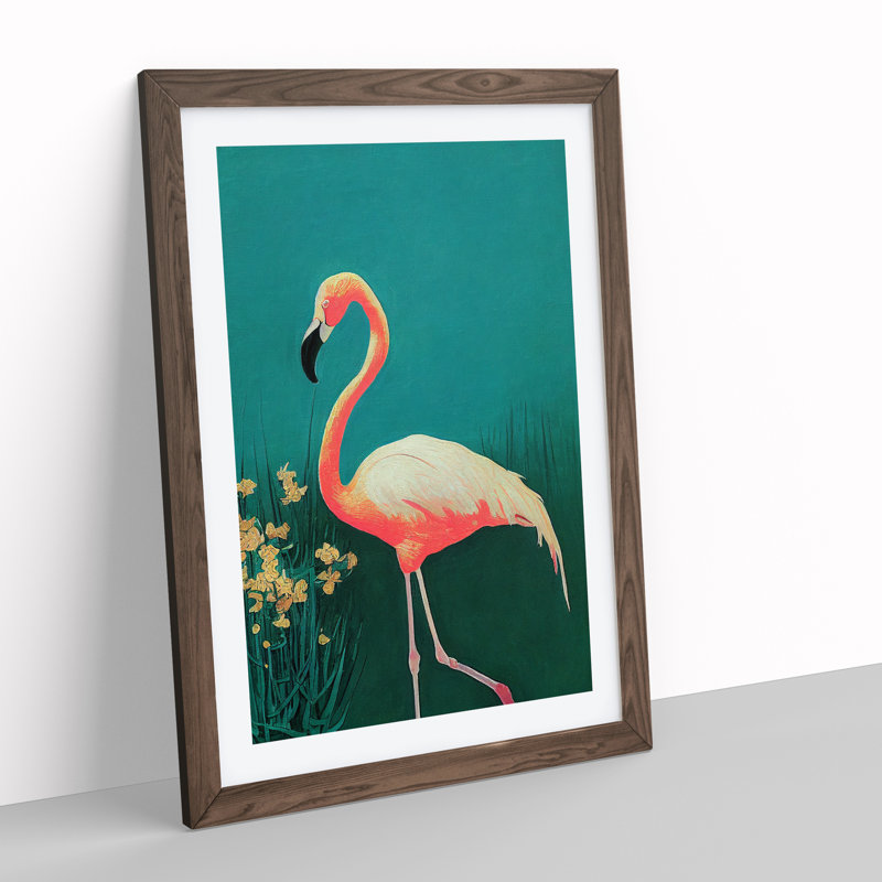 XV1022-5059X Walking Flamingo - Print, Walnut Framed, 66cm H x 48cm W, White