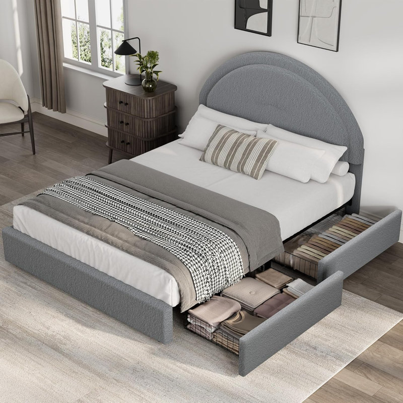Lit plateforme avec tiroirs de rangement et tête de lit tapissier ronde, cadre de lit en tissu Boucle moderne, aucun sommier nécessaire