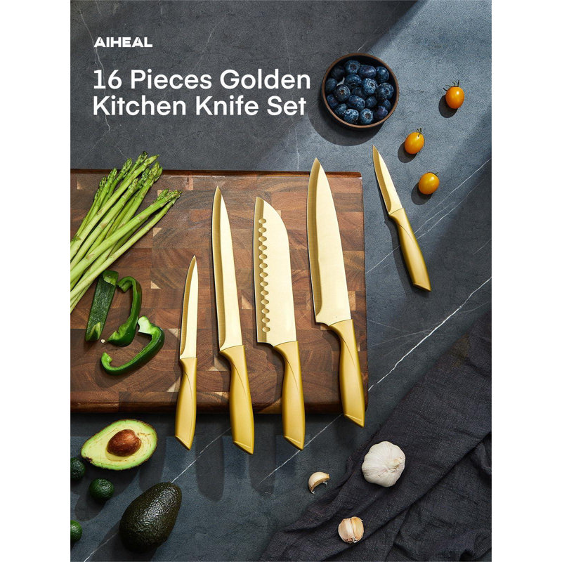 MARLIN MANUFACTURING COMPANY, INCORPORATED Knife Set, 16 Pieces High Carbon Stainless Steel Golden Color Kitchen Knife Set, Titanium Coating Blade, No Rust And Super Sharp Cutlery Knife Set With Acrylic Stand And Kitchen Scissors, Gift