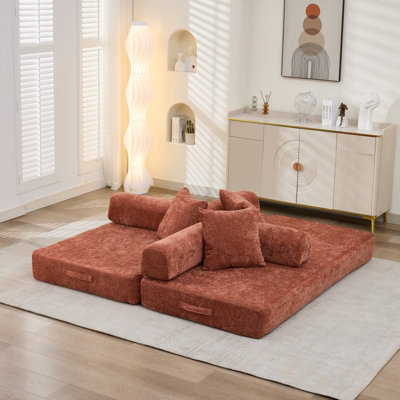 Comfy Convertible Folding Mattress Couch, Floor Sofa Bed, Chenille Floor Sofa With Armrest, Floor Sofa Lounge Couch For Living Room Bedroom Lounge Studio-Orange