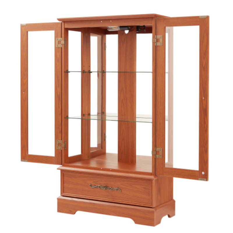 Elegant Dark Oak Lighted Curio Display Cabinet, 2 Doors 1 Drawer Adjustable Glass Shelves Bulb Included For Living Room Office Bedroom Studio
