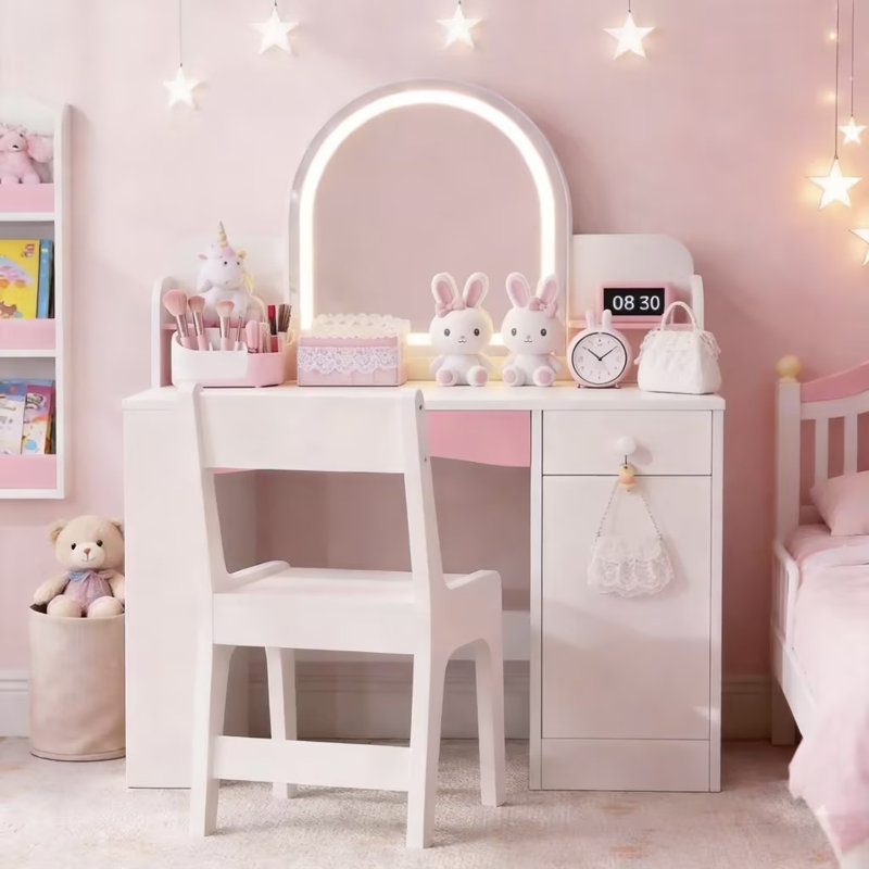 Bureau de coiffeuse pour enfants avec miroir à DEL et tabouret