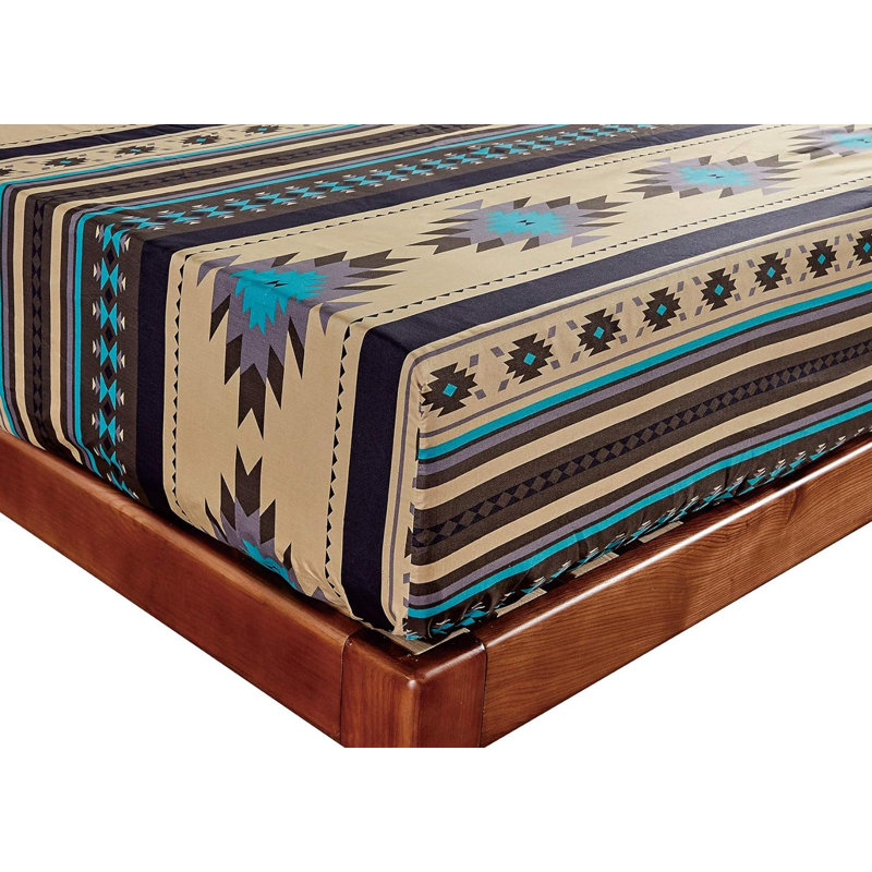 California King Teal Beige Microfiber Southwestern Bed Sheet Set