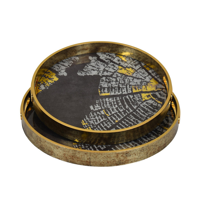 Plateau rond Archy, ensemble de 2, motifs abstraits, polyuréthane noir-or