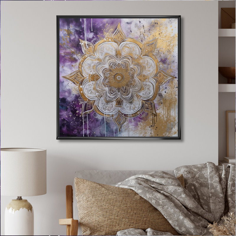 Impression sur toile mauve et or mandala I - Boho Mandala, 30" H x 30" W, Cadre flottant noir