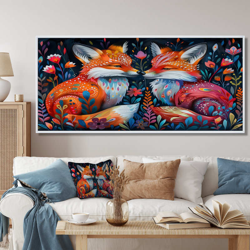 Cowart - Renard, art mural animal, H 28 po x l 60 po, Cadre flottant blanc