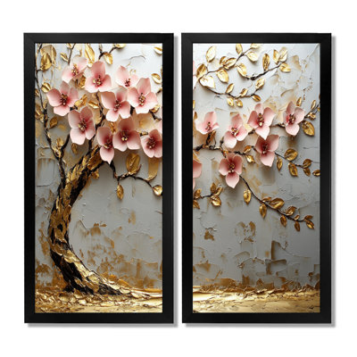 «Rose and Gold Cherry Blossom Tree By The Lake» - art mural cerisier en fleurs rose, ensemble de 2 impressions sur toile