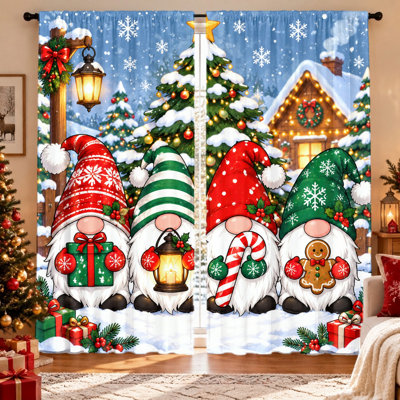 2 pièces, motif décoratif de scène de neige gnomes de Noël, tissu décoratif, filtrage de la lumière, conception de passe-tringle, lavable à la machine, convient au salon, à la chambre à coucher, à la fenêtre, aux rideaux de décoration intérieure, Holiday Essential