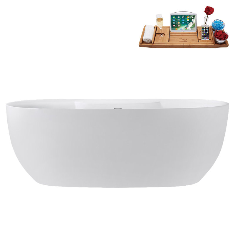 67" Streamline Soaking Glossy White Freestanding Tub and Tray With Internal Drain, Brushed Nickel