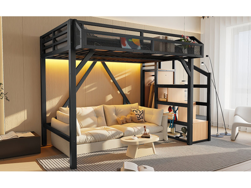 Twin Loft Bed With Storage Stairs, Shelves And Built-In Wardrobe, Metal Loft Bed Frame With USB Ports And LED Lights, Noise-Reduced Design, Black