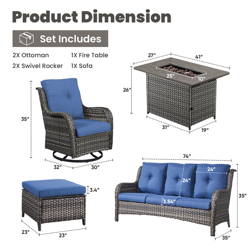 Ensemble de conversation pour patio en osier 6 pièces avec foyer extérieur, repose-pieds et coussins Deb, Gris
