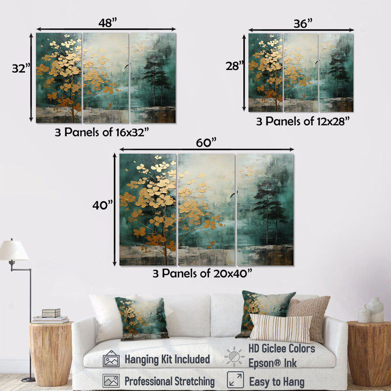 Ensemble de salon Golden Emerald Forest - Abstract Spirals, H 40 po x l 60 po x P 1 po, Toile tendue
