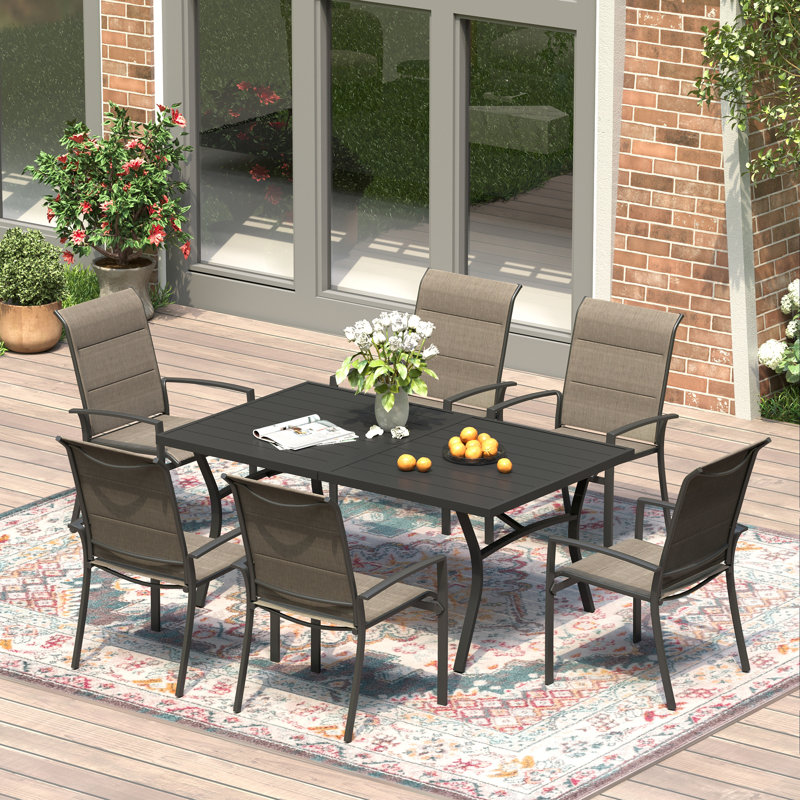 6-Person Patio Dining Set with 63" Metal Dining Table and 6 PVC-coated polyester Armrest Dining Chairs, Black