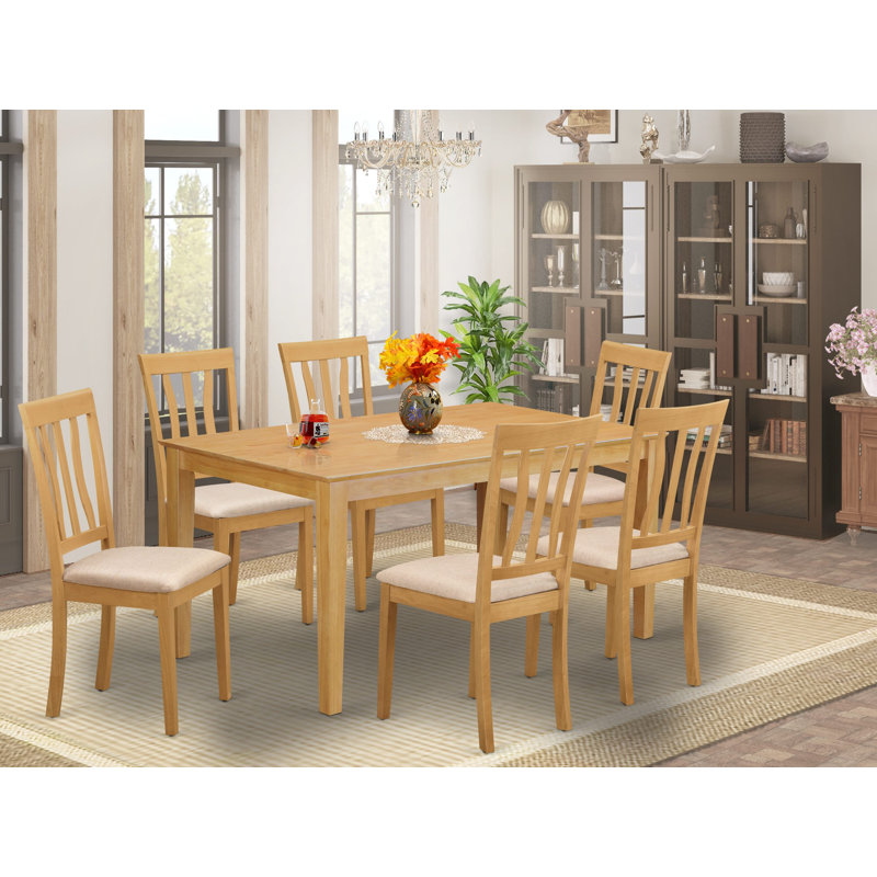 Ensemble de table de salle à manger 7 pièces composé d'une table de cuisine rectangulaire et de 6 chaises de salle à manger en tissu de lin, chêne