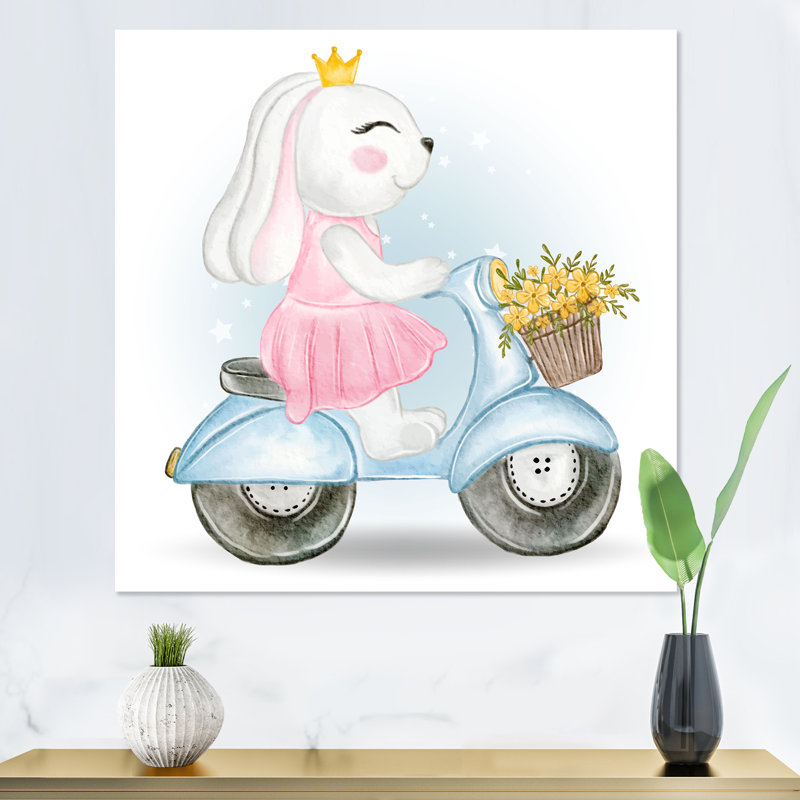 Caricature de lapin mignon chevauchant un scooter - reproduction d'art sur toile, H 30 po x l 30 po x P 1 po, Toile tendue