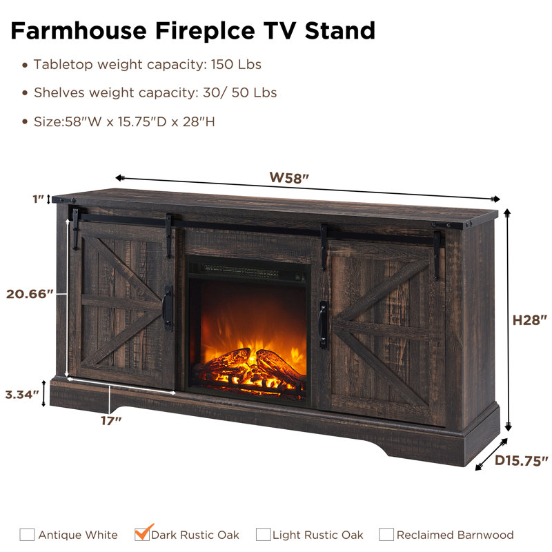 Dark Rustic Oak 58" Farmhouse TV Stand with Electric Fireplace