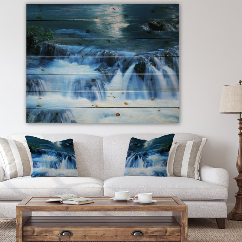 Belles petites chutes bleues - Photographie sans cadre sur bois, H 24 po x l 36 po x P 1 po