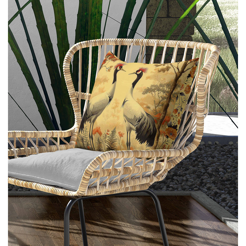 Coussin intérieur / extérieur Autumnal Cranes, Beige / Jaune / Orange, Carré 16 po