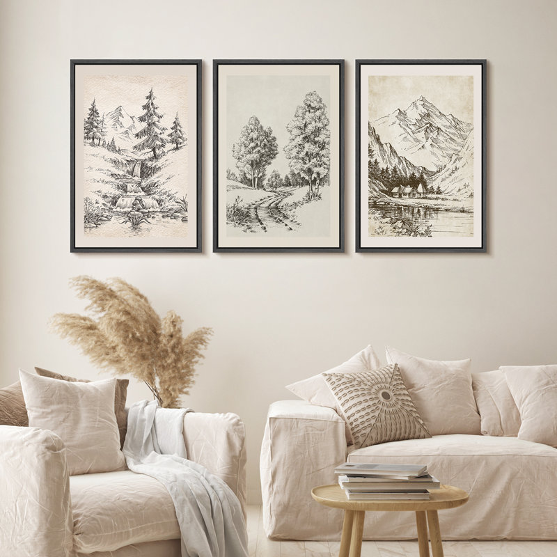 «Vintage Countryside Forest Mountain River Nature Landscape», art mural sur toile 3 pièces, Noir