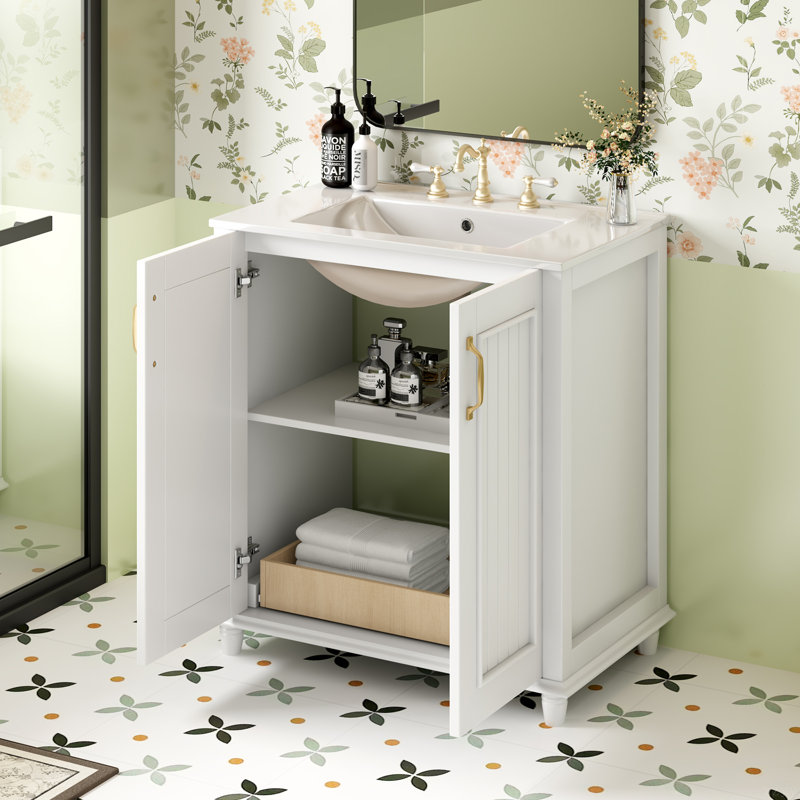 Meuble-lavabo de 30 po avec lavabo en céramique, ensemble de meuble-lavabo autoportant avec tiroir caché, armoire de rangement pour la salle de bain