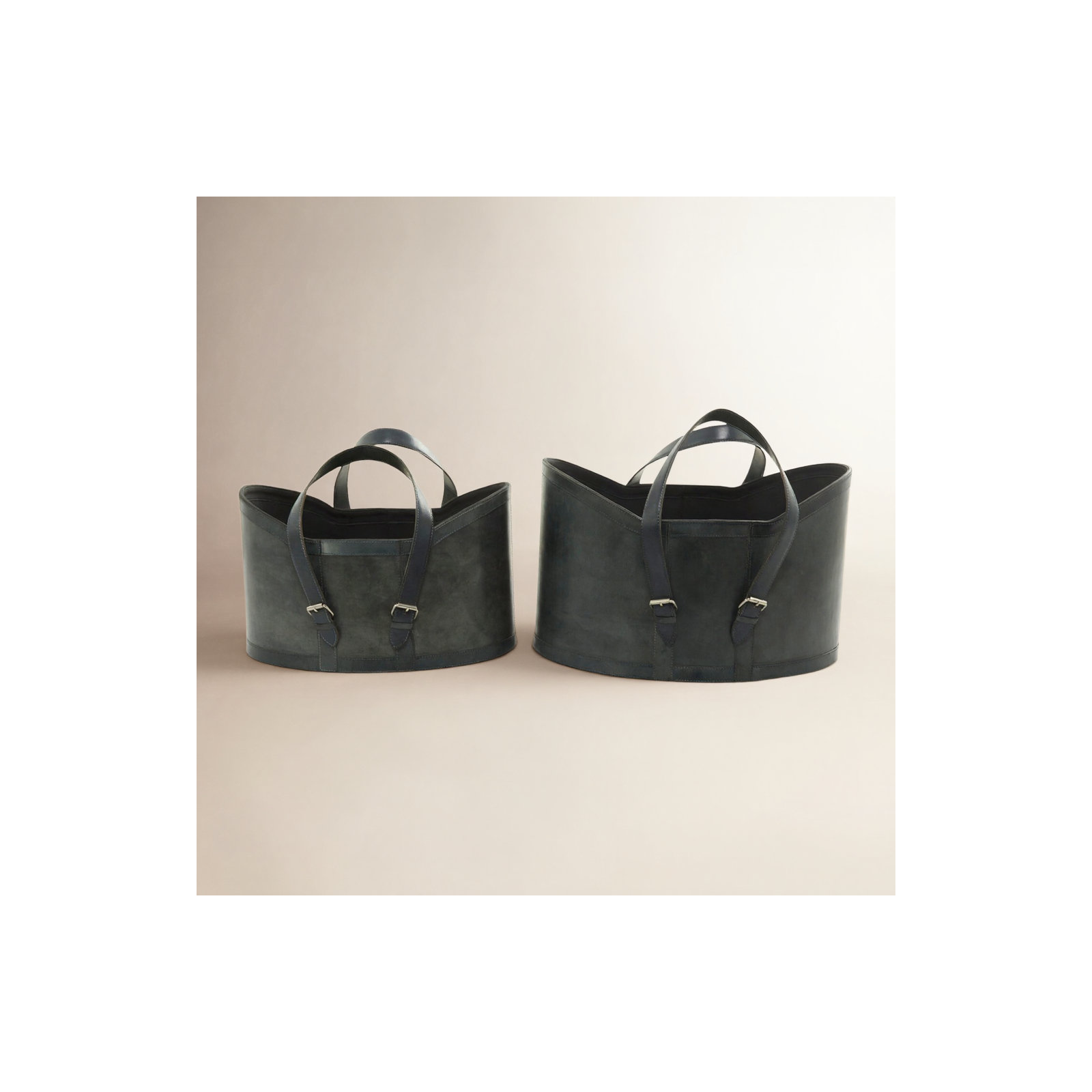 2 Piece Leather Basket Set, Dark Gray