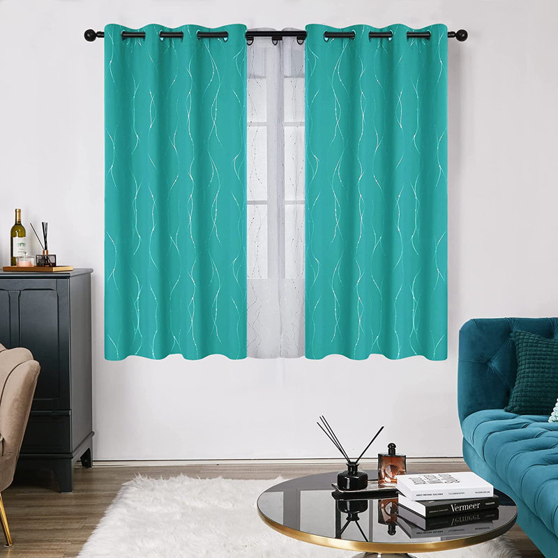 Senath Dotted Line Foil Printed Room Darkening Thermal Curtains, Turquoise, 117cm W x 229cm D