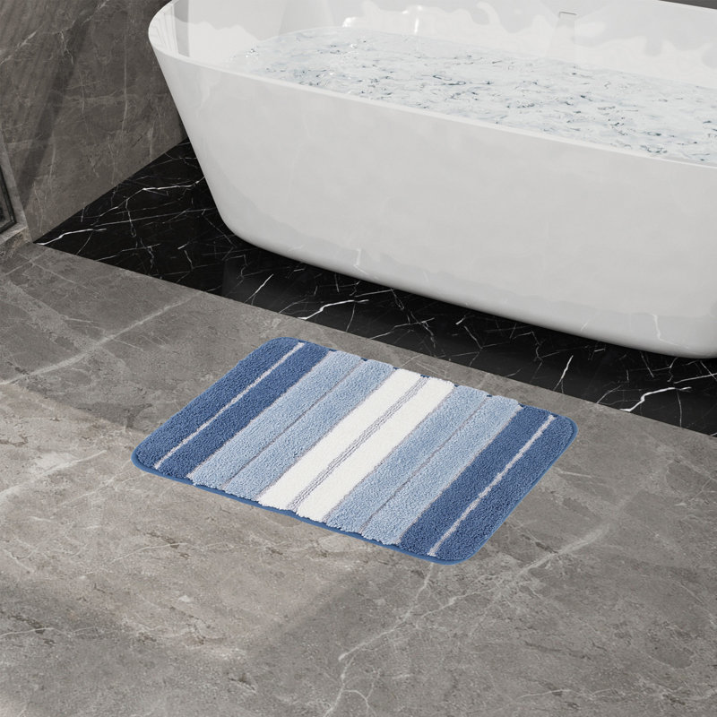 15,75 po X 23,62 po Tapis de bain floqué, antidérapant, doux et très absorbant pour la salle de bain, bleu, Rayures bleues