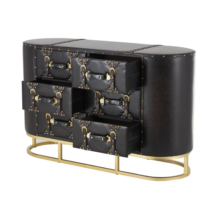 Jincy Wooden 6 Drawer Dark Brown Cabinet with Straps and Rivets