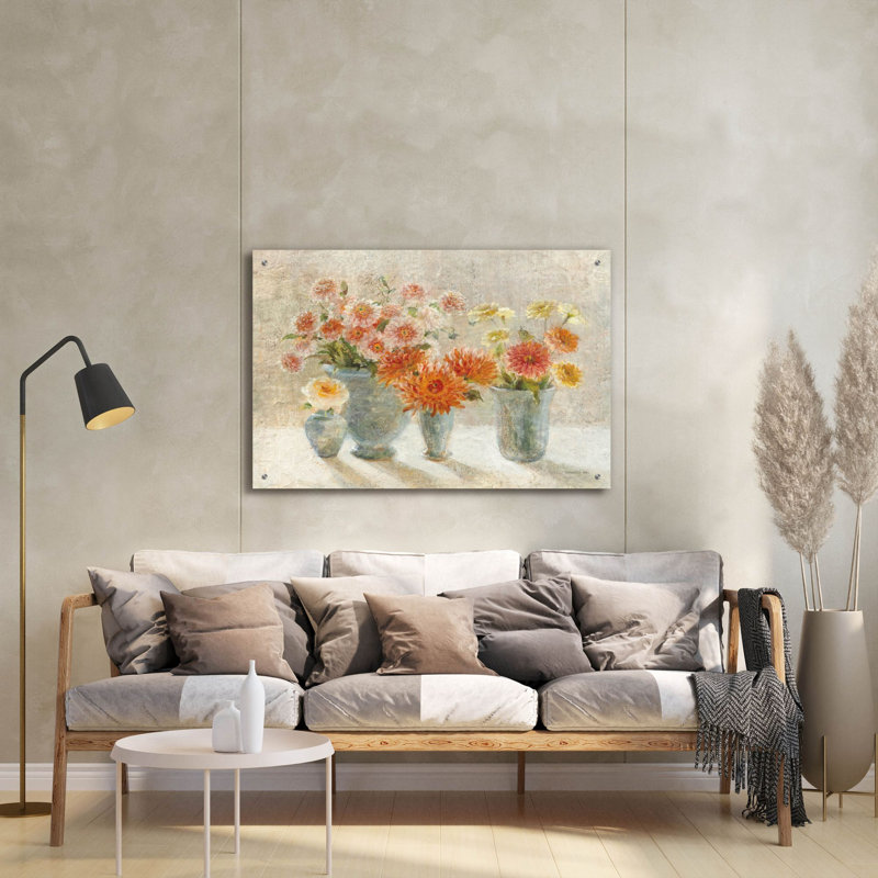  «Dahlias dans des vases» par Danhui Nai, art mural en verre acrylique, 36 po x 24 po