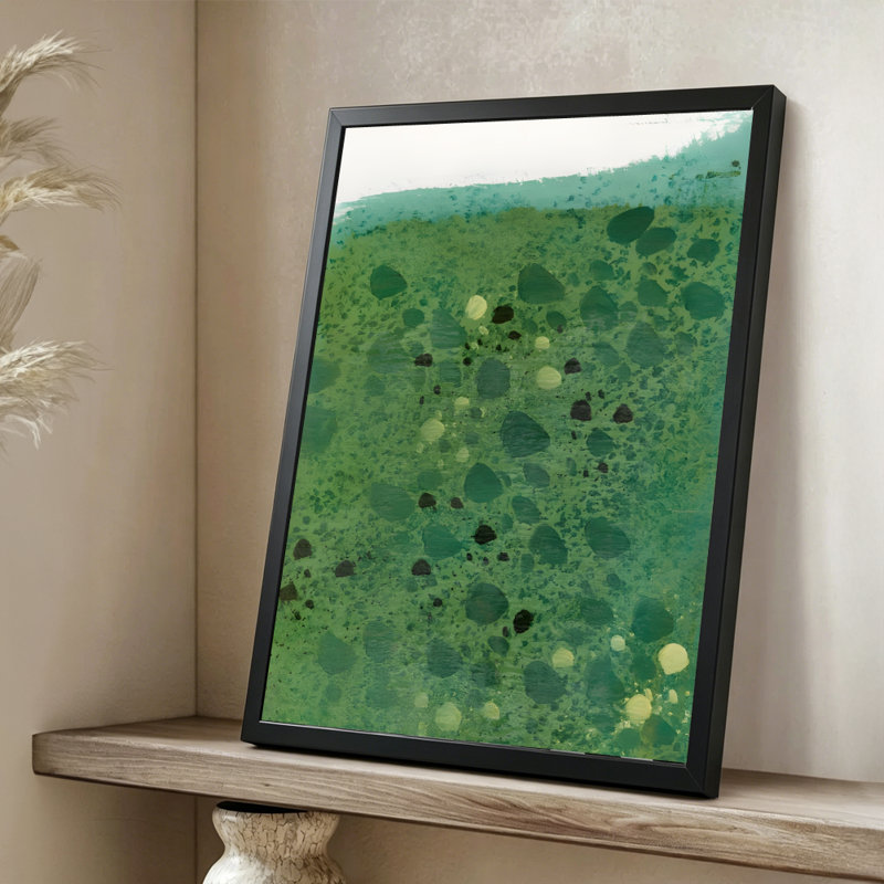 Motif moderne abstrait vert et bleu sarcelle: formes ovales dispersées, style de peinture à l'huile impressionniste. Art mural 24 "x 36" avec cadre en bois noir