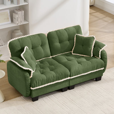 Chenille Cloud Loveseat Sofa with 4 Pillows, Pom-Pom Trim Quilted Tufted Cushion Ergonomic Design, Easy Assembly, Deep Seat Couch for Living Room Office Apartment, Green
