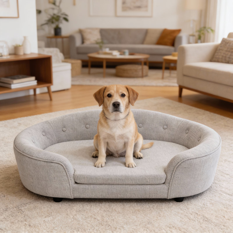 Canapé-lit en lin pour chien avec dossier capitonné, Beige