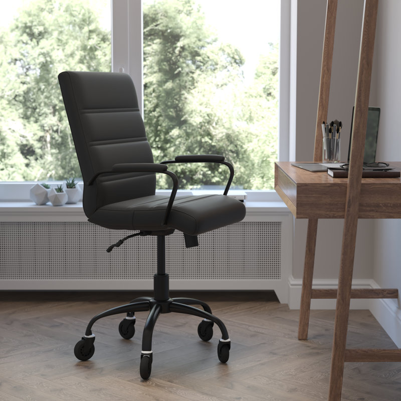 Mid-Back Executive Swivel Office Chair with Arms, and Transparent Roller Wheels, Black, Black