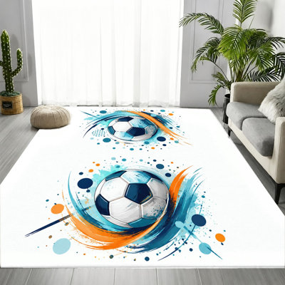 Modern Abstract Soccer Sport Area Rug, Vibrant Blue Orange Paint Splash Athletic Pattern, Soft Durable, Non-Slip Machine Washable Floor Carpet, Dynamic Stylish Indoor Home Decor for Living Room, Bedroom, Game Room, Office, Teens, Apartment