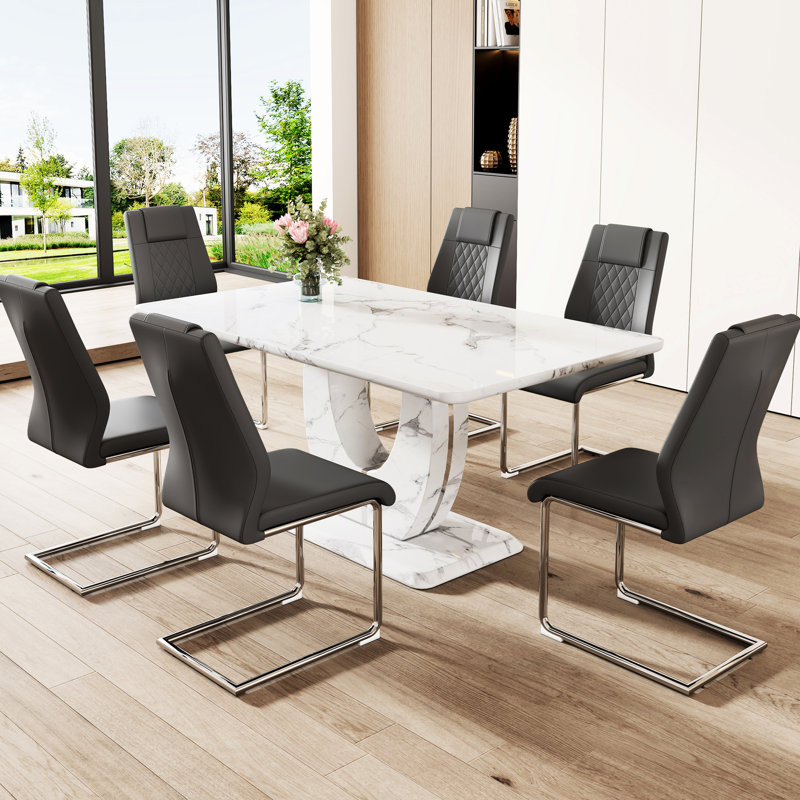 Repas pour 6 personnes à motif de marbre gris foncé pour petits rassemblements, 1,8 pouce d'épaisseur, pieds en forme de U, siège à grille et repas de famille argentés, assise confortable