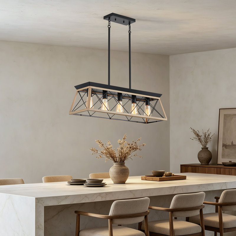 Lustre linéaire à cinq lumières Farmhouse, Natural Wood - 32"