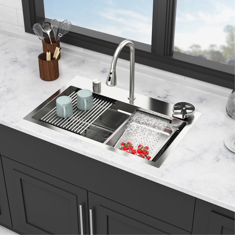 Évier de cuisine 31,5 x 21 9,4 pouces à simple cuve avec cascade, 3 modes d'eau, revêtement, tampon, passoire, support de séchage et planche à découper, évier 31,5 po, acier inoxydable T304 de calibre 16