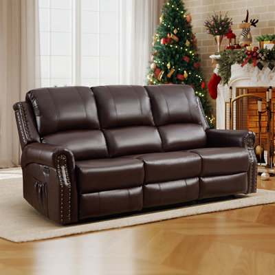 84.65'' Wide Faux Leather Nailhead Electric Reclining Sofa With USB & Type-C Ports, Vintage Style