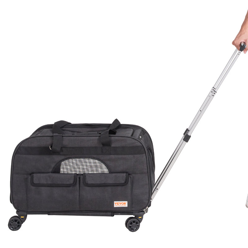 Large Black Soft-Sided Rolling Pet Carrier with Mesh Windows