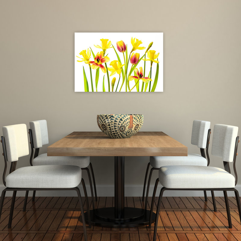 Fleurs printanières joyeuses, jonquilles et tulipes colorées et vibrantes, impression d'art mural sur le thème du printemps et de la nature