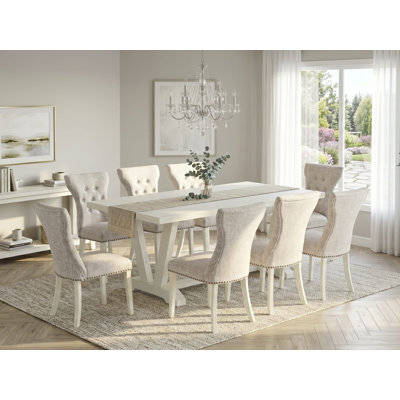 Ensemble de table de salle à manger 6 pièces - 4 chaises de salle à manger Parson avec siège en tissu de lin et dossier capitonné à boutons en lin brossé blanc