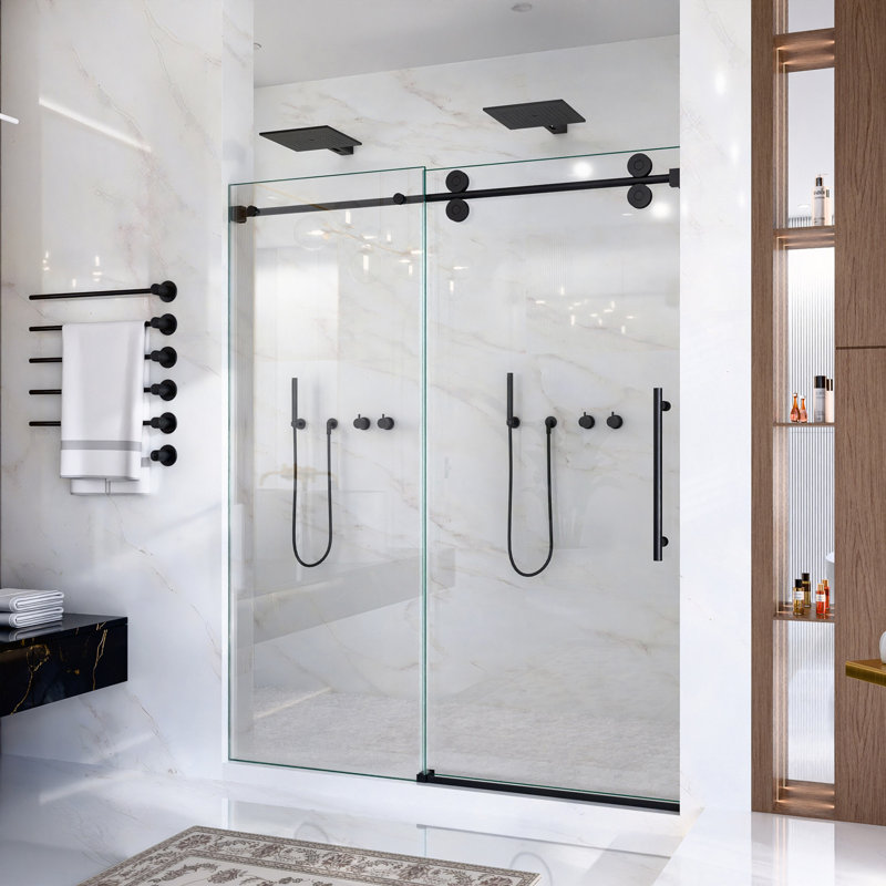 56"-60"W*72" H Frameless Single Sliding Shower Door – 5/16" (8Mm) Clear Tempered Glass, Bypass Design, Matte Black