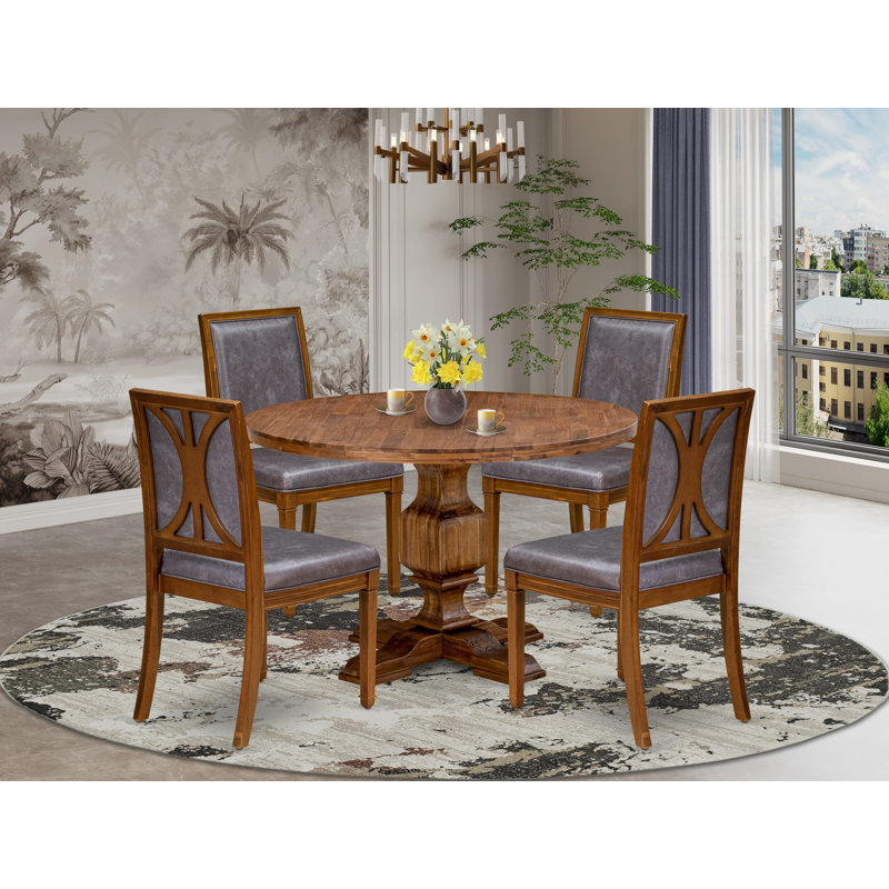 L'ensemble de cuisine 5 pièces comprend un plateau de table rond avec un piédestal élégant et 4 chaises de cuisine en similicuir gris foncé avec dossier haut - noyer antique