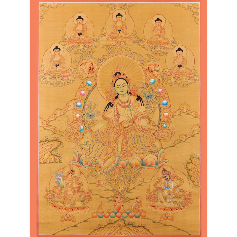Thangka vert peint à la main avec protection Tara - H 27,6 po x l 18,9 po, art mural tibétain avec feuille d'or véritable 24 carats