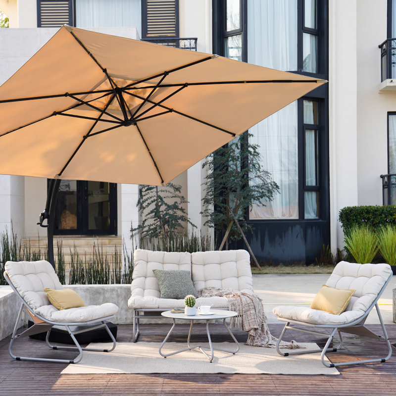 Caili 4-Person Weather Resistant Steel Patio Seating Group with Cushions, Cream, Light Gray