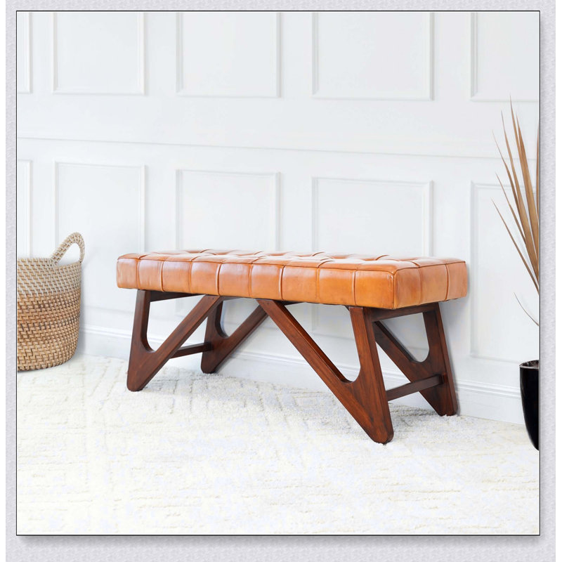 Banc en cuir brun clair Mia avec boutons Design simple, confortable et durable, banc multifonctionnel